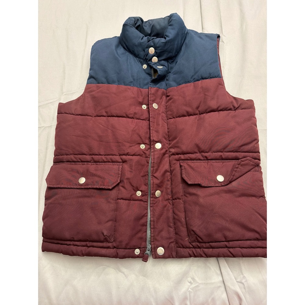 Old Navy Mens Small Puffer Vest Burgundy Navy Blue Colorblock Quilted Full Zip